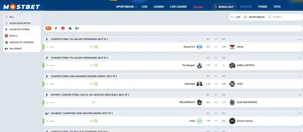 Mostbet'те Esports Betting Line